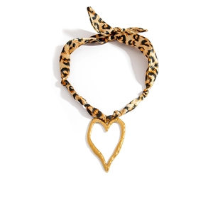 Leopard print silk choker with large hammered hollow heart pendant in 18K gold plated finish
