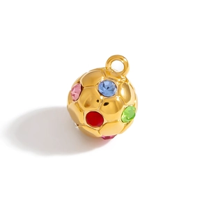 Detailed close-up of a golden soccer ball pendant with multi-colored crystals and secure ring