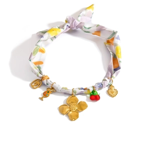 Floral silk scarf necklace with tropical heart, palm tree, and cocktail charms