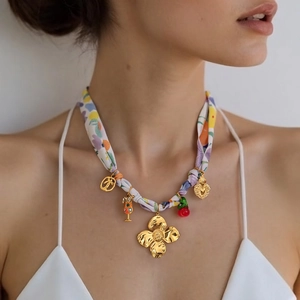 Tropical Floral Print Scarf Necklace Stainless Steel Alloy Pendants Cocktail Cherry Flower Heart Charm Resort Style Jewelry