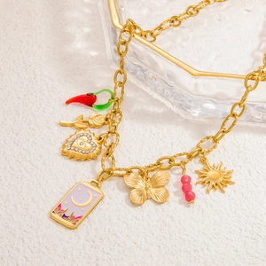Bohemian gold plated stainless steel tarot charm necklace with enamel sun and moon pendants