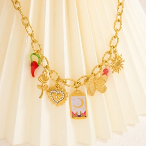 Gold stainless steel tarot necklace with rose, chili, and eye heart charms on gold chain