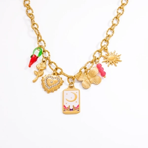 Gold chunky chain necklace featuring mixed charms like red chili, rose, heart and moon