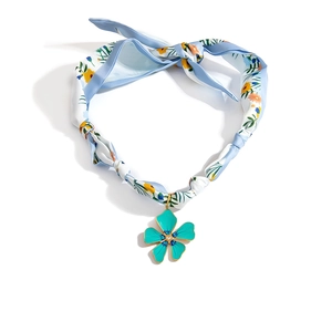 Floral print silk scarf necklace with blue flower pendant and gold finish