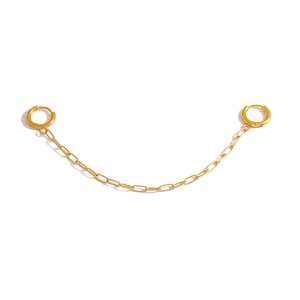 Detail showing 18K gold-plated double hoop earrings with a paperclip link chain