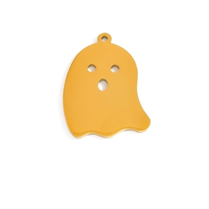 Close-up of a polished gold stainless steel ghost charm for Halloween jewelry DIY