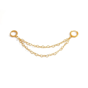 Golden double hoop earrings for two holes featuring delicate heart chain links