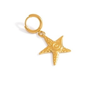 Detailed close-up of golden starfish charm earrings with intricate textured embossing