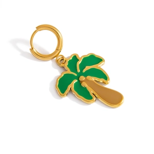 Golden palm tree pendant earring with green and brown drip oil finish on white background