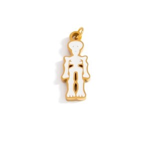 Detailed view of a gold-plated skeleton pendant with white enamel for DIY necklaces