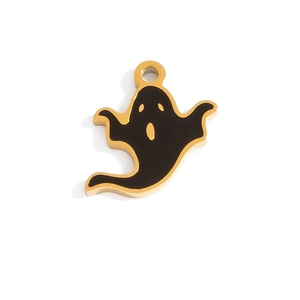 Ghost pendant charm for Halloween jewelry with black enamel and gold plated metal finish