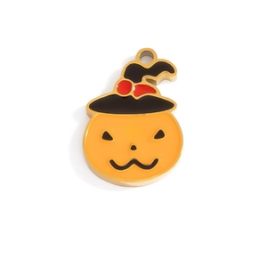 Halloween pumpkin wizard charm in orange enamel and gold finish with a black witch hat