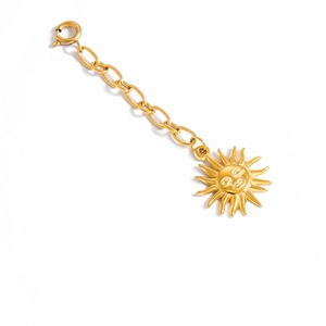 Polished golden stainless steel bikini charm with smiling sun pendant and spring clasp