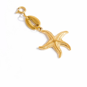 Detailed macro view of golden shell and starfish charms with spring ring for swimwear
