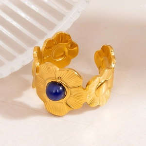 Anello aperto in acciaio inossidabile dorato 18k con pietra blu e petali floreali