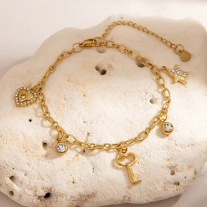 Edelstahl Multi-Anhänger Herz Schlüssel Stern Charm Armband Für Damen Vergoldet Strass Wasserdicht Schmuck Handkette