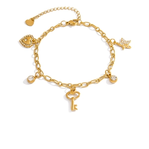 18K vergoldetes Bettelarmband mit funkelnden Herz-, Stern-, Schlüssel- und Kristallanhängern