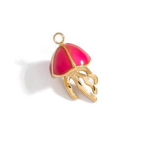 Elegant gold-tone jellyfish pendant with pink enamel detail and shiny metal tentacles