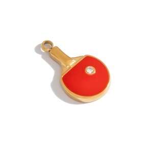 Golden table tennis racket pendant with red enamel inlay and crystal zircon stone