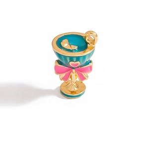 Blue enamel cocktail cup pendant with pink bow and gold plating for DIY jewelry
