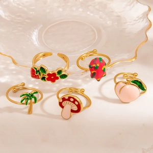 5-piece set of adjustable 18K gold stainless steel fruit rings with strawberry and peach