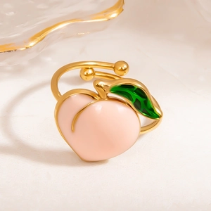 Adjustable Stainless Steel Open Ring For Women Enamel Fruit Peach Strawberry Mushroom Palm Tree Dragon Fruit Jewelry