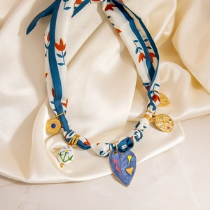 Floral silk scarf necklace with blue heart pendant and gold stainless steel charms