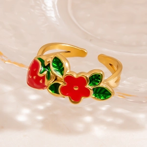 Minimalist gold strawberry and flower open ring with red enamel and leaf details
