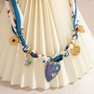 Blue and white floral silk scarf necklace with 18K gold heart and flower pendants