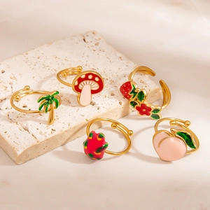 Five-piece 18K gold plated stainless steel open rings with colorful fruit enamel charms