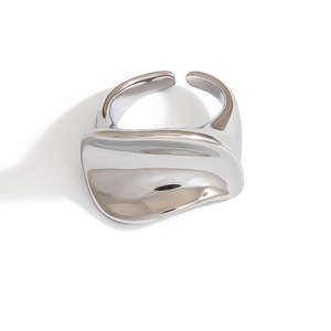 Minimalist silver open ring with irregular wavy geometric design and polished metal finish