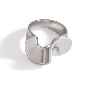 Polished silver stainless steel ring with abstract wavy fluid design and open band