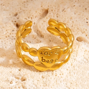 Gold open heart ring with for best engraving and woven chain style stainless steel band