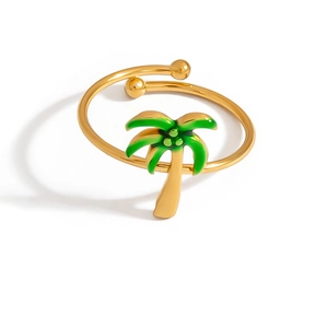 Minimalist 18K gold open ring with green enamel palm tree design for summer vacation style