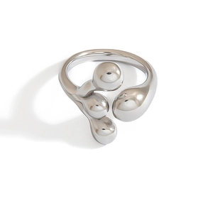 Modern minimalist stainless steel twisted S-shaped ring with liquid metal drop design