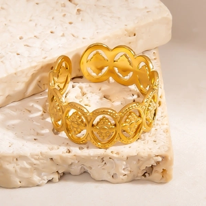 Minimalist gold hollow heart flower stainless steel ring with adjustable open design