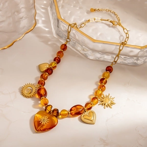 Maillard style stainless steel necklace with amber sun and heart charms for women
