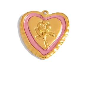 Golden heart pendant with pink enamel outline and relief rose detail on white background