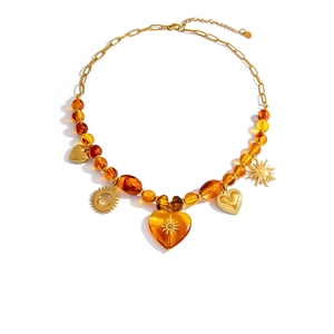 Vintage 18K gold plated stainless steel necklace with amber resin beads and sun pendants