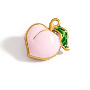 Pink enamel peach pendant with gold plating and green leaf charm for DIY jewelry making