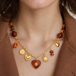 Vintage Stainless Steel Maillard Style Amber Bead Necklace With Sun Heart Charms Bohemian Jewelry For Women Sweater Chain