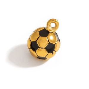 Detail showing high-polish gold plated soccer charm with black enamel and integrated ring