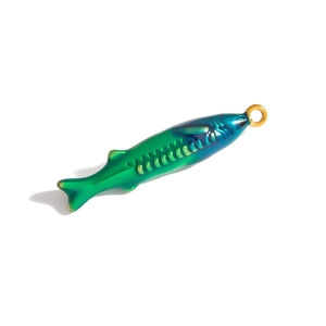 Detailed macro view of a fish charm with blue-green gradient enamel and gold metal loop