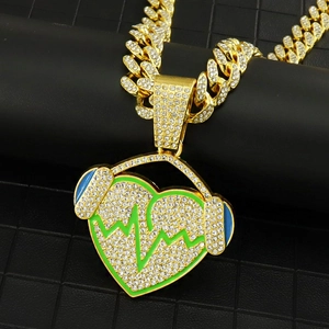Hip Hop Iced Out Earphone Heartbeat EKG Pendant Necklace Gold Silver Alloy Cuban Link Jewelry For Unisex Streetwear