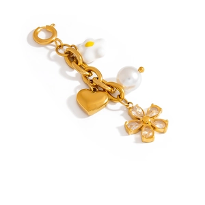 Bikini-Verschluss aus Goldstahl mit Gänseblümchen, Perle, Herz und Zirkon-Blumenanhänger