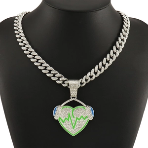 Hiphop cuban chain necklace with rhinestone heart pendant and green EKG monitor heartbeat