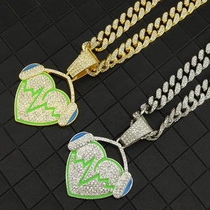 Hip hop cuban chain necklaces with crystal headphone and heartbeat heart pendants