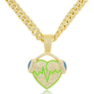 Hip hop heart necklace with crystal music headphones and gold cuban link chain
