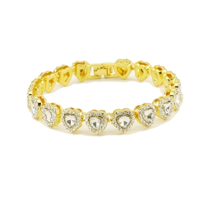 Bracelet luxueux chaîne cubaine 10mm dorée avec cœurs glacés et cristaux transparents