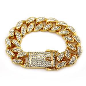 Bracelet cubain doré 20mm style hip hop orné de cristaux blancs et fermoir pavé